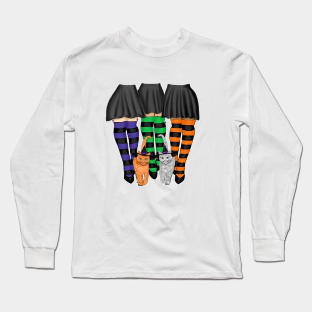 Three Witches Wearing Long Stripe Socks and Two Cats Long Sleeve T-Shirt by Susy Maldonado illustrations